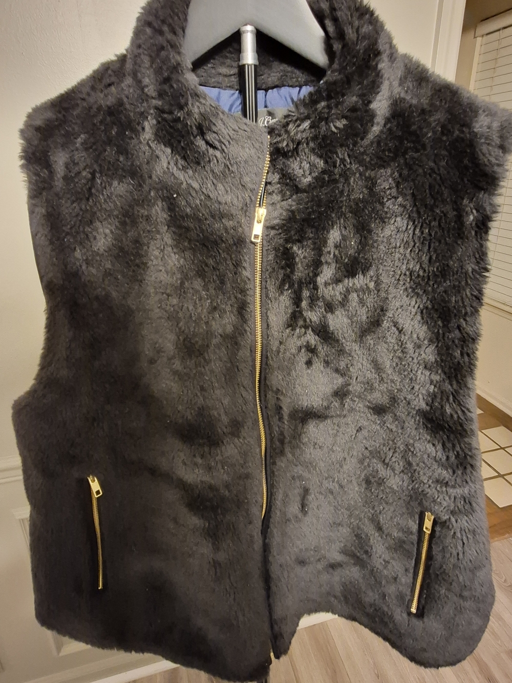 J. Crew Black Faux Fur Vest with Gold-Tone Zipper